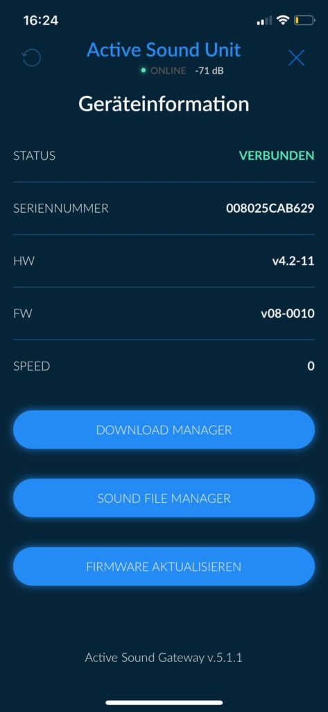 Active Sound Unità App - informazioni sul dispositivo